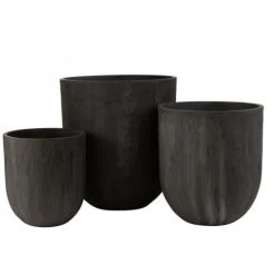 LANADECO Set De 3 Vases Ronds Céramique Hauts Noirs