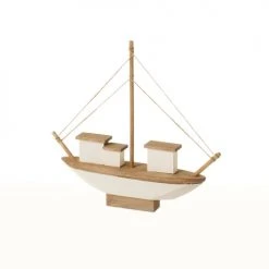 LolaHome Statuettes Et Figurines Statue Déco à Poser Bateau En Bois 27x5x25cm