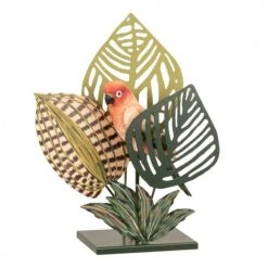 Maisons Du Monde Statuettes Et Figurines Statuette Feuillage Et Perroquet En Métal Et Résine Vert Et Rose H28